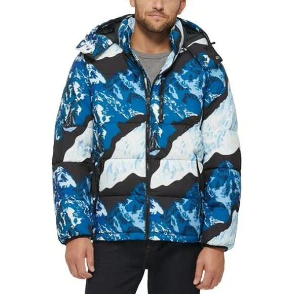 Club Room Stretch Hooded Puffer Jacket Men's L Ski Print Full Zip Long  Sleeve
